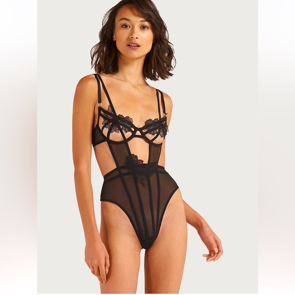 Victoria's Secret Black Sheer Lace Strappy Bodysuit